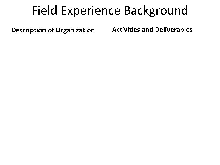 Field Experience Background Description of Organization Activities and Deliverables 