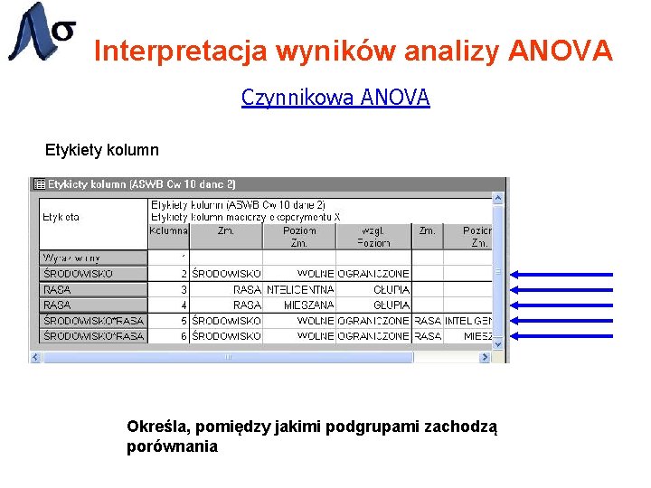 Interpretacja wyników analizy ANOVA Czynnikowa ANOVA Etykiety kolumn Określa, pomiędzy jakimi podgrupami zachodzą porównania
