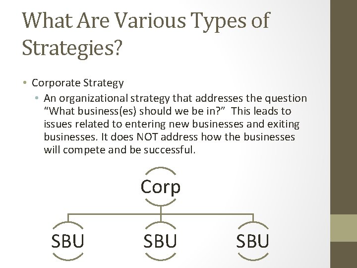 What Are Various Types of Strategies? • Corporate Strategy • An organizational strategy that