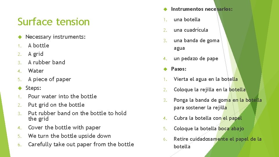  Surface tension 1. 2. 3. 4. 5. 6. Necessary instruments: A bottle A