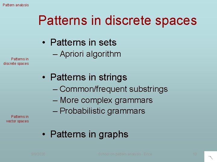 Optimization in pattern analysis Patterns in discrete spaces • Patterns in sets – Apriori