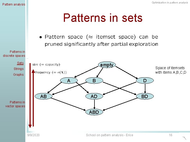 Optimization in pattern analysis Patterns in sets Patterns in discrete spaces Sets empty Strings