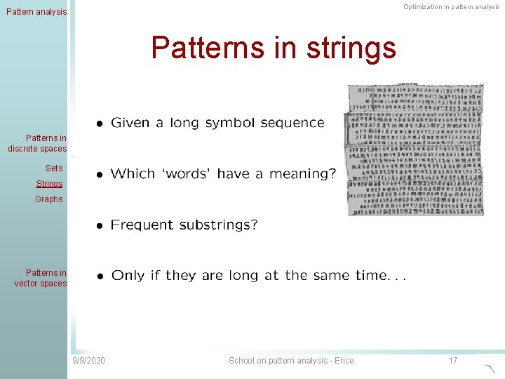 Optimization in pattern analysis Patterns in strings Patterns in discrete spaces Sets Strings Graphs