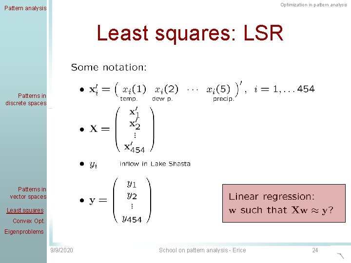 Optimization in pattern analysis Pattern analysis Least squares: LSR Patterns in discrete spaces Patterns