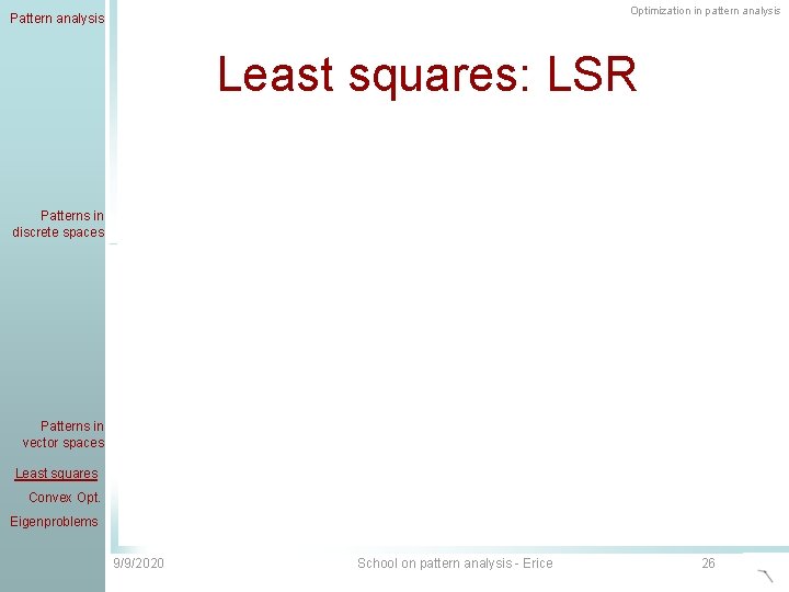 Optimization in pattern analysis Pattern analysis Least squares: LSR Patterns in discrete spaces Patterns