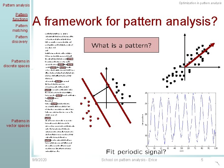 Optimization in pattern analysis Pattern functions Pattern matching A framework for pattern analysis? santic.