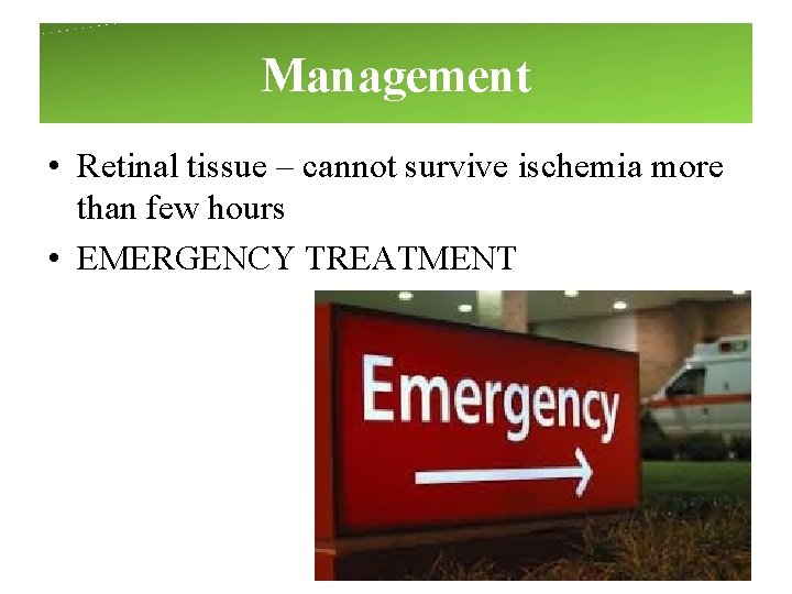 Management • Retinal tissue – cannot survive ischemia more than few hours • EMERGENCY Management • Retinal tissue – cannot survive ischemia more than few hours • EMERGENCY