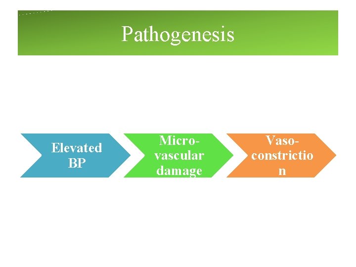 Pathogenesis Elevated BP Microvascular damage Vasoconstrictio n Pathogenesis Elevated BP Microvascular damage Vasoconstrictio n