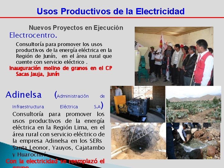 Usos Productivos de la Electricidad Nuevos Proyectos en Ejecución Electrocentro. Consultoría para promover los
