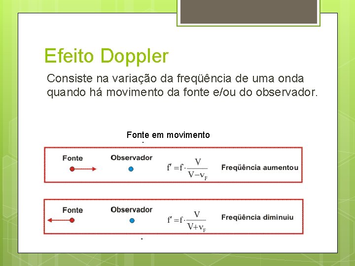 Efeito Doppler Consiste na variação da freqüência de uma onda quando há movimento da