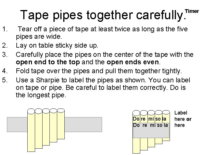 Tape pipes together carefully. Timer 1. 2. 3. 4. 5. Tear off a piece