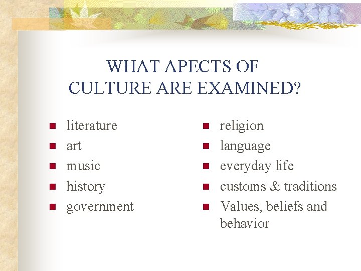 WHAT APECTS OF CULTURE ARE EXAMINED? n n n literature art music history government