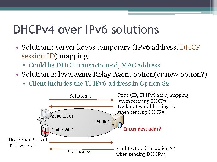 DHCPv 4 over IPv 6 solutions • Solution 1: server keeps temporary (IPv 6