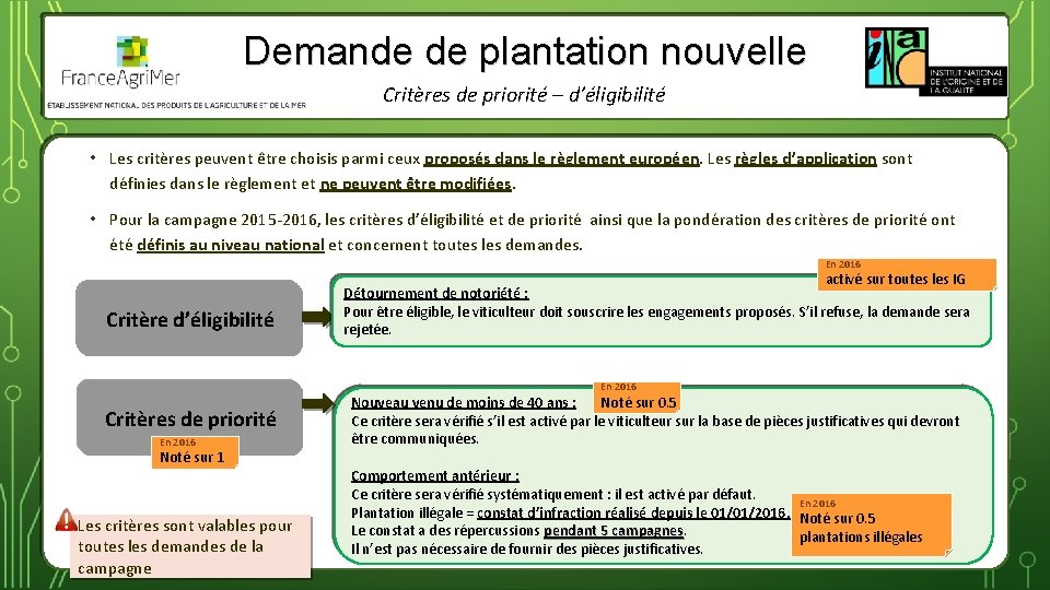 Demande de plantation nouvelle Critères de priorité – d’éligibilité • Les critères peuvent être