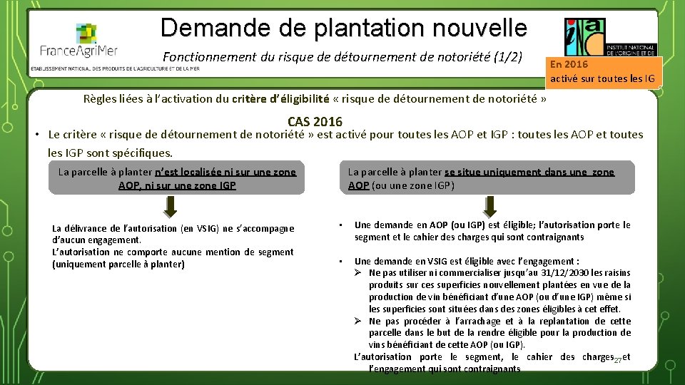 Demande de plantation nouvelle Fonctionnement du risque de détournement de notoriété (1/2) En 2016