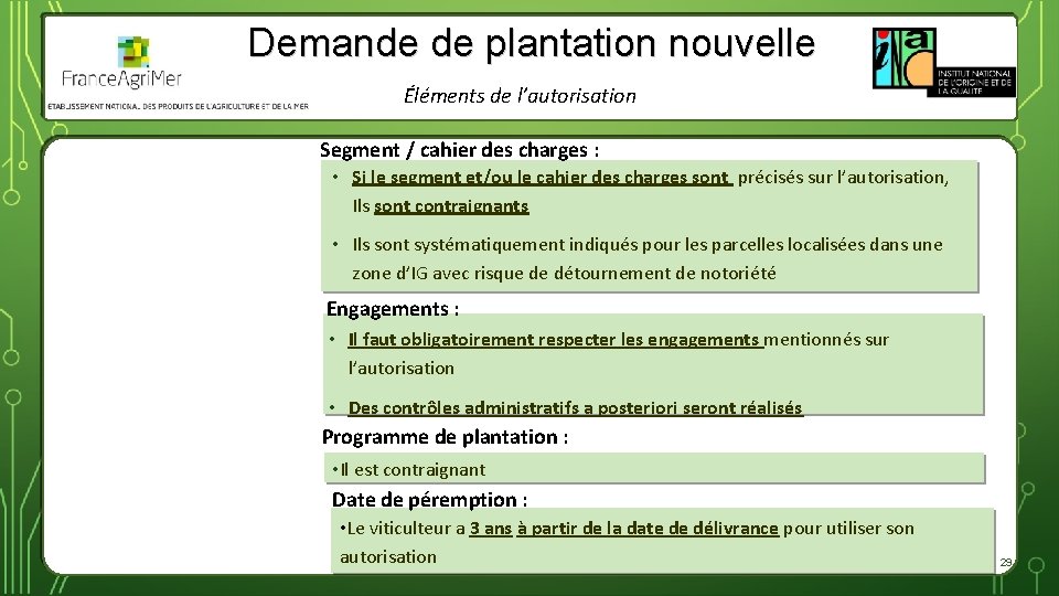 Demande de plantation nouvelle Éléments de l’autorisation Segment / cahier des charges : •