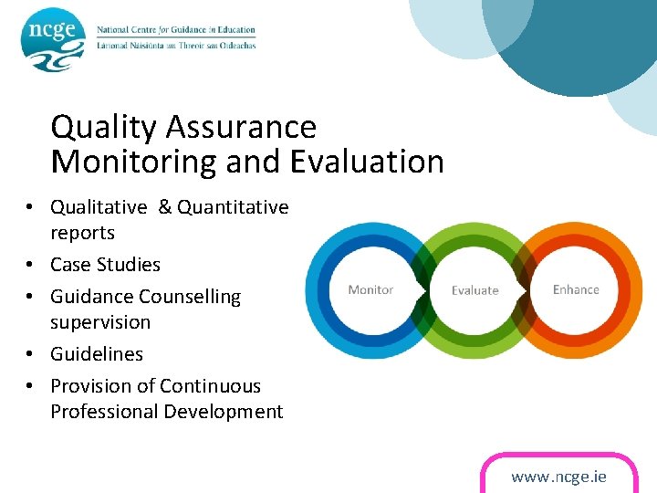 Quality Assurance Monitoring and Evaluation • Qualitative & Quantitative reports • Case Studies •