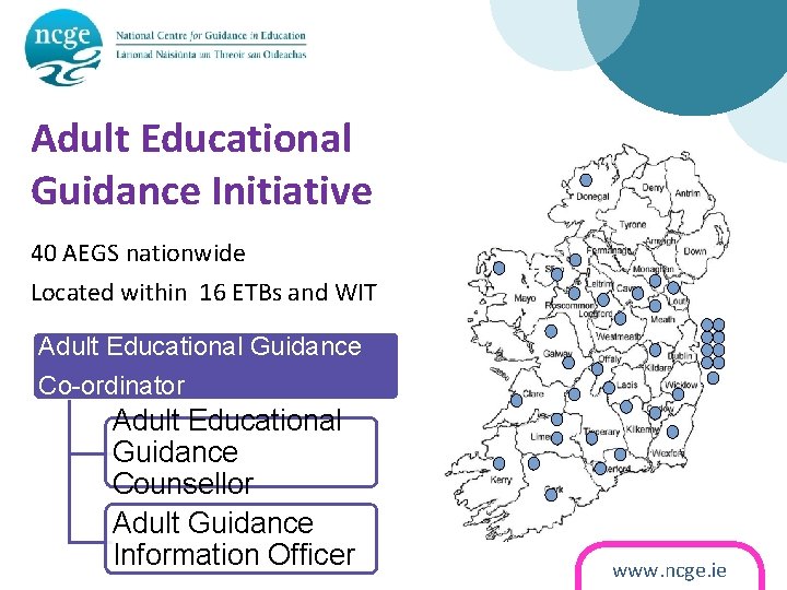 Adult Educational Guidance Initiative 40 AEGS nationwide Located within 16 ETBs and WIT Adult