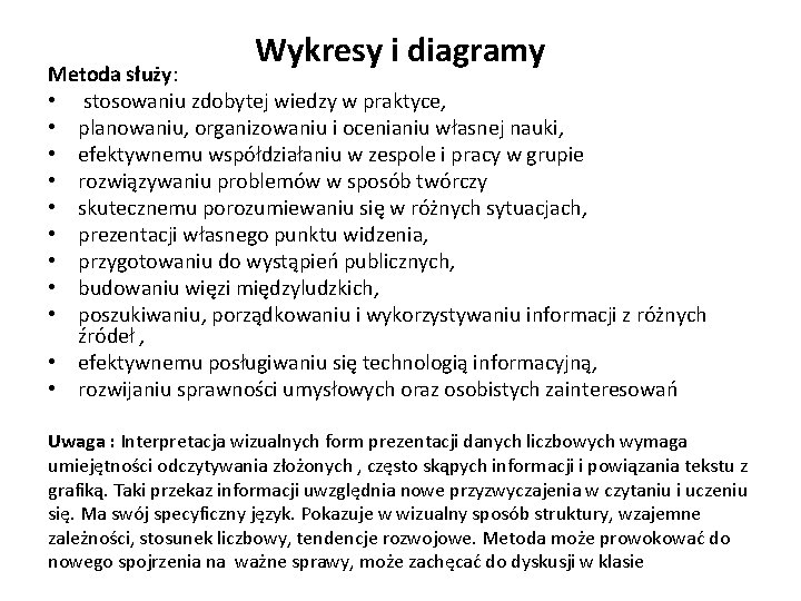 Wykresy i diagramy Metoda służy: • stosowaniu zdobytej wiedzy w praktyce, • planowaniu, organizowaniu