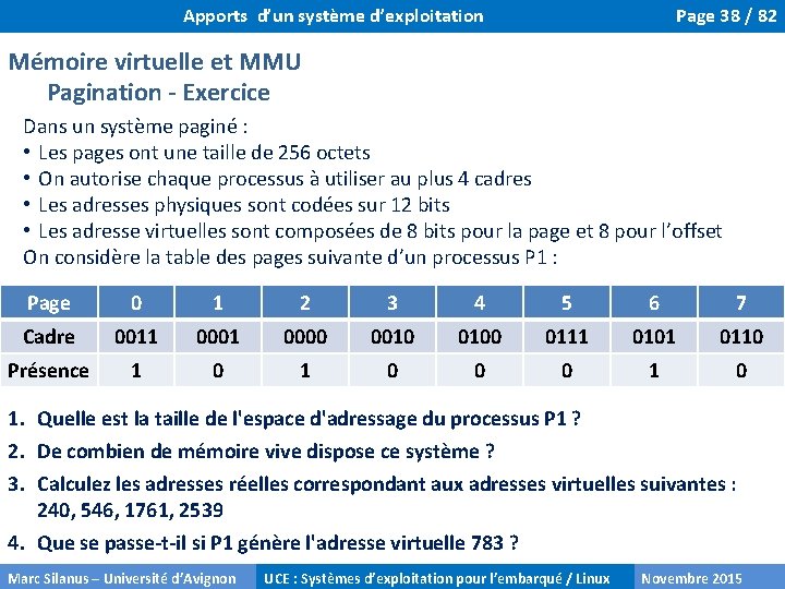 Apports d’un système d’exploitation Page 38 / 82 Mémoire virtuelle et MMU Pagination -