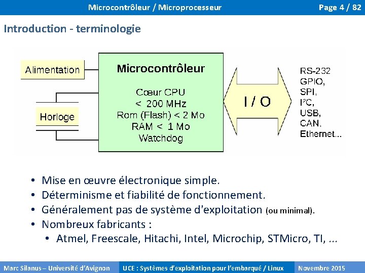 Microcontrôleur / Microprocesseur Page 4 / 82 Introduction - terminologie • • Mise en