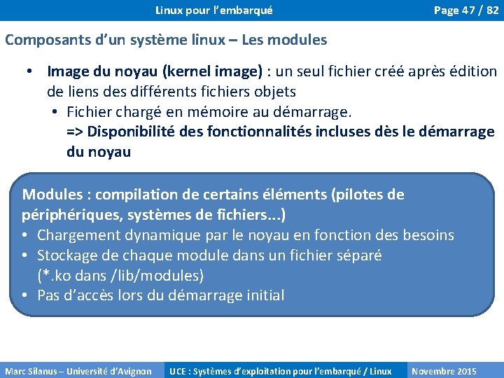 Linux pour l’embarqué Page 47 / 82 Composants d’un système linux – Les modules