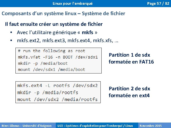 Linux pour l’embarqué Page 57 / 82 Composants d’un système linux – Système de