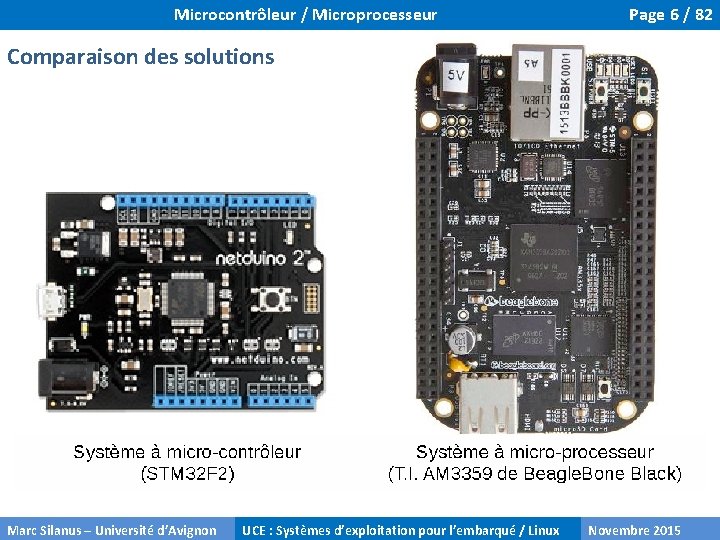 Microcontrôleur / Microprocesseur Page 6 / 82 Comparaison des solutions Marc Silanus – Université