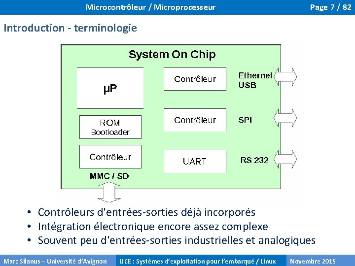 Microcontrôleur / Microprocesseur Page 7 / 82 Introduction - terminologie • Contrôleurs d'entrées‐sorties déjà