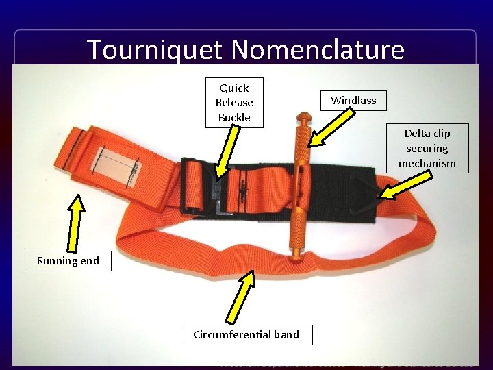 Tourniquet Nomenclature Quick Release Buckle Windlass Delta clip securing mechanism Running end Circumferential band
