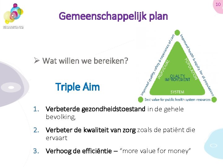 10 Gemeenschappelijk plan Ø Wat willen we bereiken? Triple Aim 1. Verbeterde gezondheidstoestand in