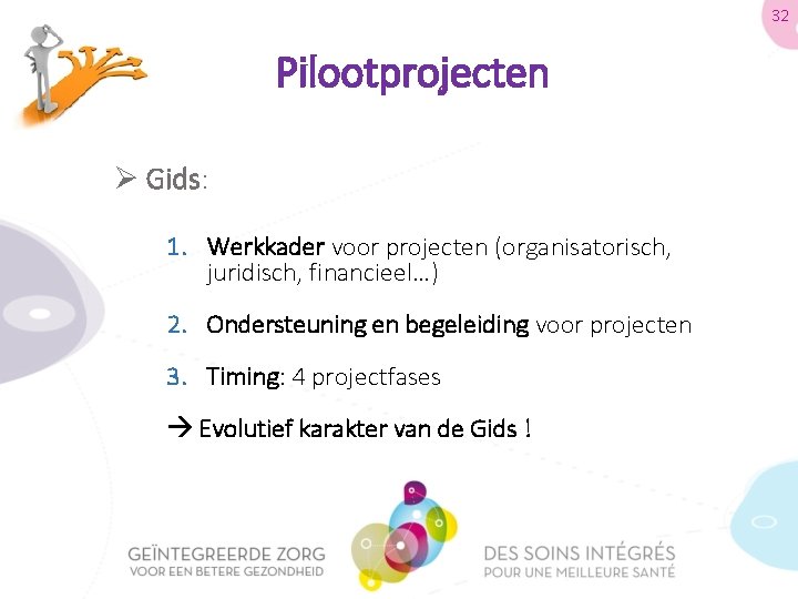 32 Pilootprojecten Ø Gids: 1. Werkkader voor projecten (organisatorisch, juridisch, financieel…) 2. Ondersteuning en
