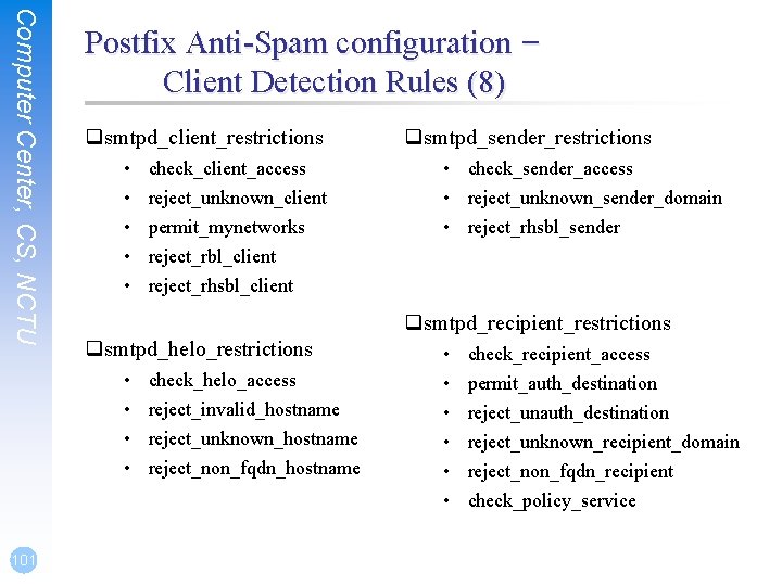 Computer Center, CS, NCTU Postfix Anti-Spam configuration – Client Detection Rules (8) qsmtpd_client_restrictions • Computer Center, CS, NCTU Postfix Anti-Spam configuration – Client Detection Rules (8) qsmtpd_client_restrictions •