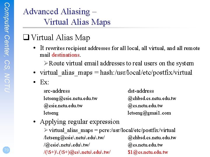 Computer Center, CS, NCTU Advanced Aliasing – Virtual Alias Maps q Virtual Alias Map Computer Center, CS, NCTU Advanced Aliasing – Virtual Alias Maps q Virtual Alias Map