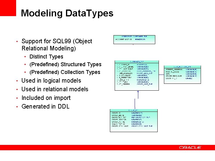 Modeling Data. Types • Support for SQL 99 (Object Relational Modeling) • Distinct Types