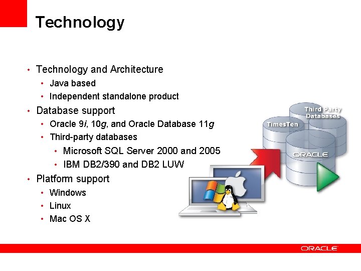 Technology • Technology and Architecture • Java based • Independent standalone product • Database