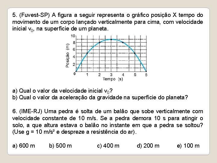 5. (Fuvest-SP) A figura a seguir representa o gráfico posição X tempo do movimento