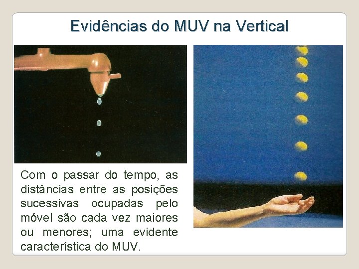 Evidências do MUV na Vertical Com o passar do tempo, as distâncias entre as