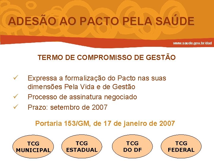 ADESÃO AO PACTO PELA SAÚDE www. saude. gov. br/dad TERMO DE COMPROMISSO DE GESTÃO