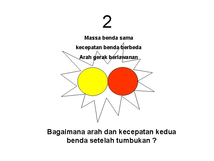 2 Massa benda sama kecepatan benda berbeda Arah gerak berlawanan Bagaimana arah dan kecepatan