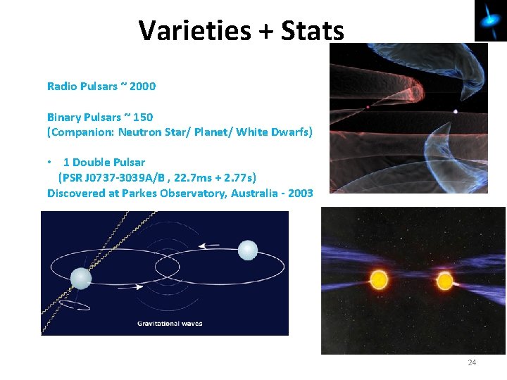 Varieties + Stats Radio Pulsars ~ 2000 Binary Pulsars ~ 150 (Companion: Neutron Star/