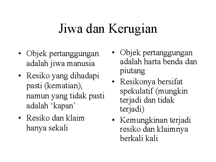 Jiwa dan Kerugian • Objek pertanggungan adalah harta benda dan adalah jiwa manusia piutang