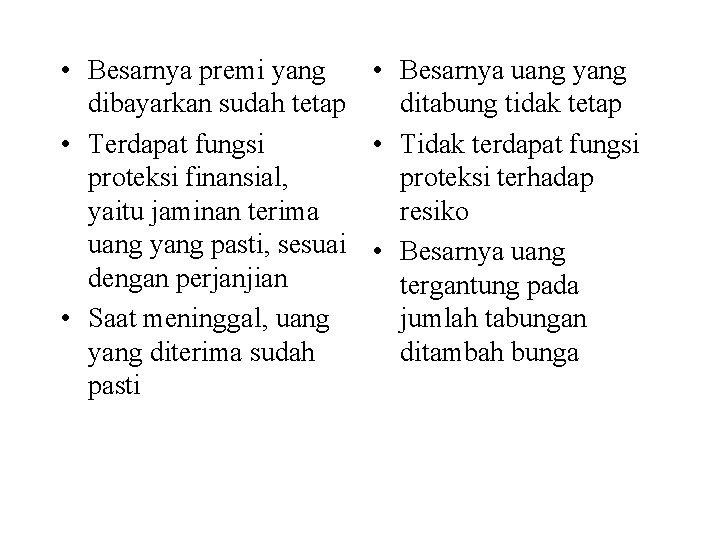  • Besarnya premi yang • Besarnya uang yang dibayarkan sudah tetap ditabung tidak