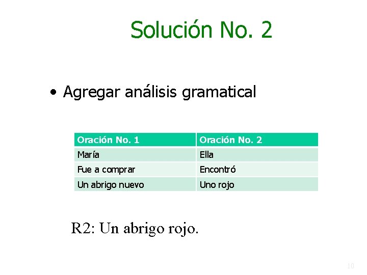 Solución No. 2 • Agregar análisis gramatical Oración No. 1 Oración No. 2 María