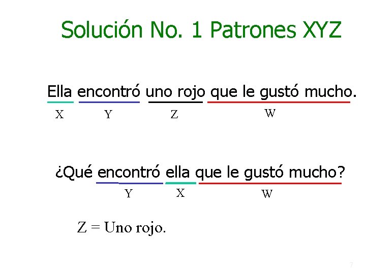 Solución No. 1 Patrones XYZ Ella encontró uno rojo que le gustó mucho. X