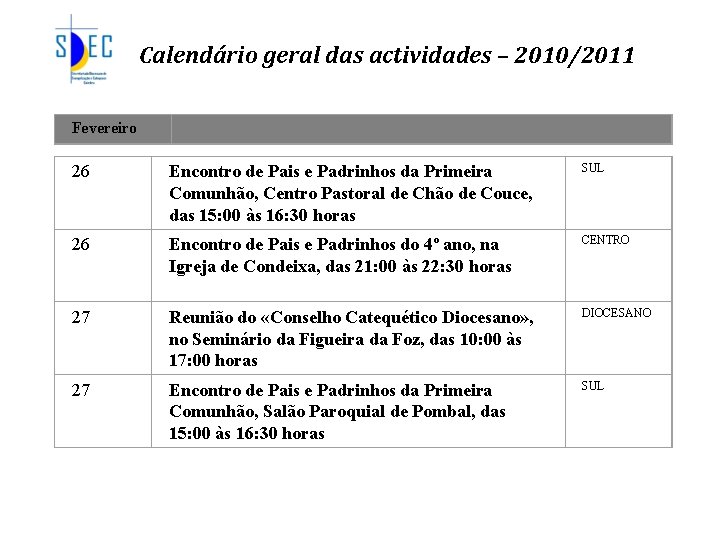Calendário geral das actividades – 2010/2011 Fevereiro 26 Encontro de Pais e Padrinhos da
