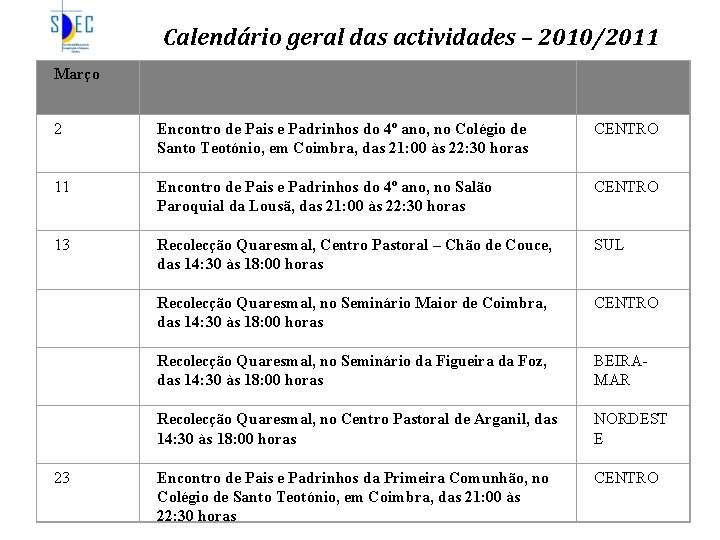 Calendário geral das actividades – 2010/2011 Março 2 Encontro de Pais e Padrinhos do