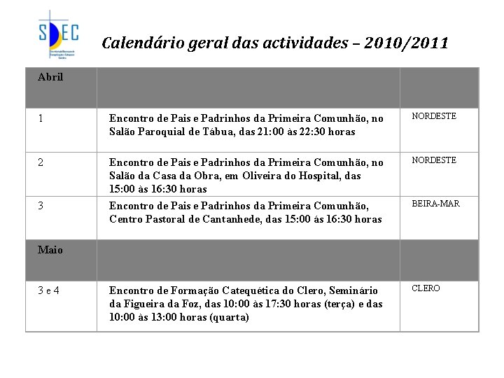 Calendário geral das actividades – 2010/2011 Abril 1 Encontro de Pais e Padrinhos da