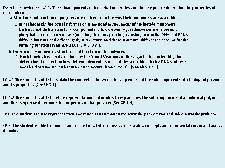 Essential knowledge 4. A. 1: The subcomponents of biological molecules and their sequence determine Essential knowledge 4. A. 1: The subcomponents of biological molecules and their sequence determine