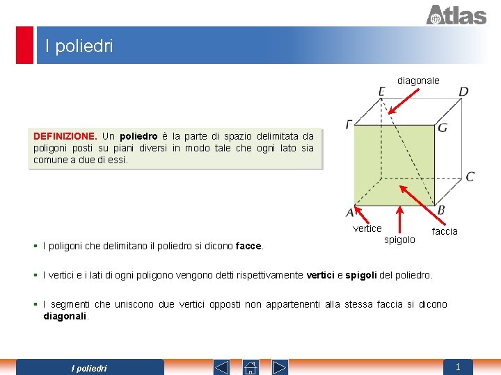 I poliedri diagonale DEFINIZIONE. Un poliedro è la parte di spazio delimitata da poligoni